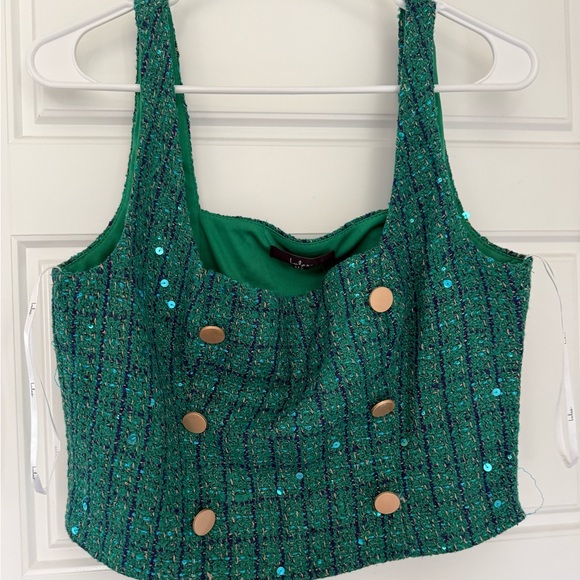 Lulus Exceptional Season Green Tweed Lurex Sequin Sleeveless Top - Size L - Picture 2 of 4